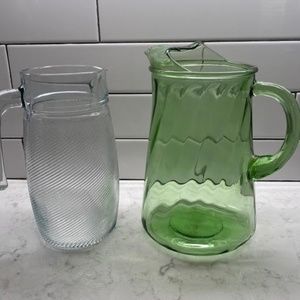 (2) Vintage Pitchers, Green and Clear (no chips or hairline cracks)